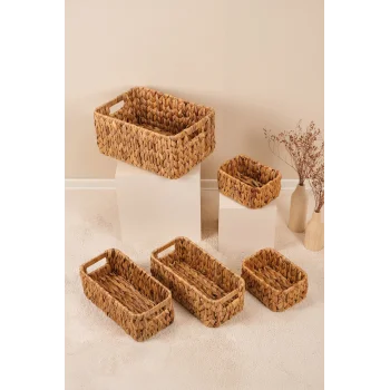 Fabiola - 5 li Hasır El Örgüsü Çok Amaçlı Dikdörtgen Organizer Sepet Seti