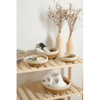 Rafael - 4 lü Dekoratif Doğal El Örmesi Hasır Yuvarlak Sepet Seti, Havluluk, Banyo Organizer