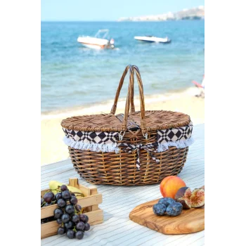Liliane - Söğüt Hasırı Kapaklı Kulplu İç Korumalı Naturel Piknik Sepeti