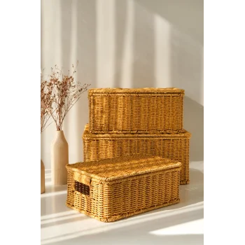 Guiliana -3 lü Rattan Kapaklı Dikdörtgen Organizer Çok Amaçlı Sepet Seti