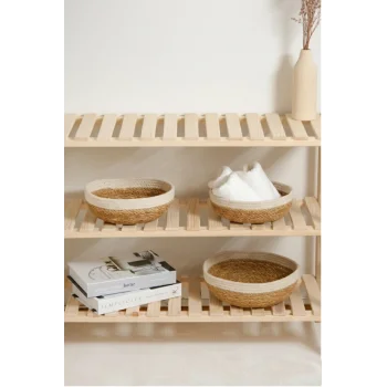 Rafael - 3 lü Dekoratif Doğal El Örmesi Hasır Yuvarlak Sepet Seti, Havluluk, Banyo Organizer