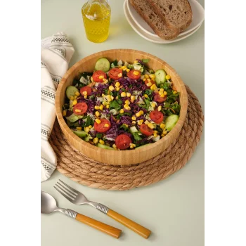 Mia - 24 cm Bambu İkeanatural Salata Kasesi, Sunum Kasesi, Dekoratif Kase, İskandinav Kase