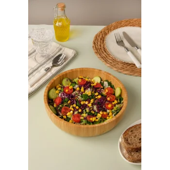 Mia - 24 cm Bambu İkeanatural Salata Kasesi, Sunum Kasesi, Dekoratif Kase, İskandinav Kase