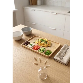 Nora - Bambu Sunum Ve Kahvaltı Tabağı, Steak Sunum Tabağı Büyük Boy Bambu Tabak 6 Bölmeli 32 X 24 Cm