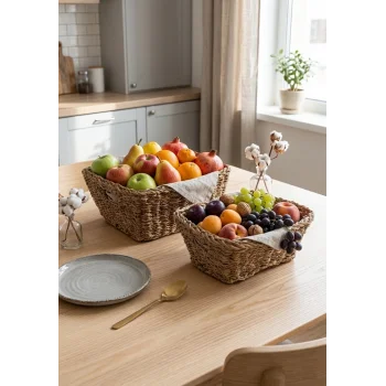 Alessia - 2 li Naturel Dekoratif Kulplu Hasır Çok Amaçlı Sepet Seti, Havluluk, Banyo Organizer