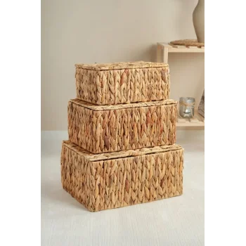 Philippa - 3 lü Hasır Kapaklı Dikdörtgen Çok Amaçlı Sepet Seti