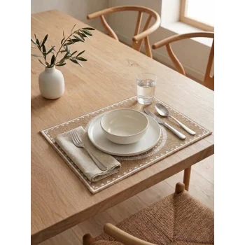 Ethnic - 6 Adet Jüt El Baskılı Dikdörtgen Sofra Sunum Tabak Altlığı Supla Amerikan Servisi 45x30 Cm