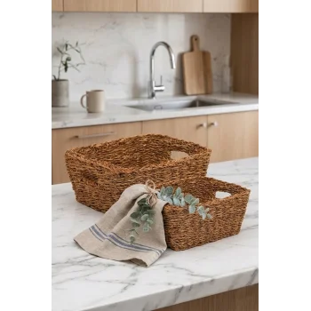 Alessia - 2 li Naturel Dekoratif Kulplu Hasır Çok Amaçlı Sepet Seti, Havluluk, Banyo Organizer