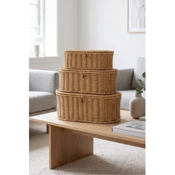 Reine - 3lü Rattan Kapaklı Dekoratif Oval Çok Amaçlı Sepet Seti, Organizer, Düzenleyici, Saklama Kutusu