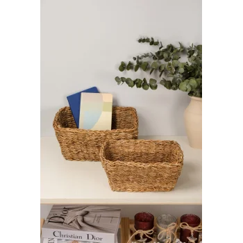 Lorena- 2 li Naturel Dekoratif Kulplu Hasır Çok Amaçlı Sepet Seti, Havluluk, Banyo Organizer