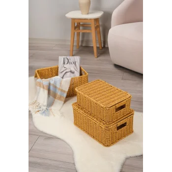 Roberta -3 lü Rattan Kapaklı Dikdörtgen Organizer Çok Amaçlı Sepet Seti