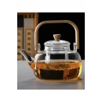 Anais Bambu Saplı Cam Süzgeçli Cam Bitki Çayı Demliği 1100 Ml