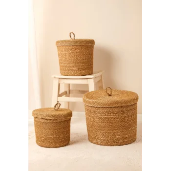 Arleen - 3lü Dekoratif El Örmesi Kapaklı Hasır Sepet Seti, Organizer, Düzenleyici, Saklama Kutusu