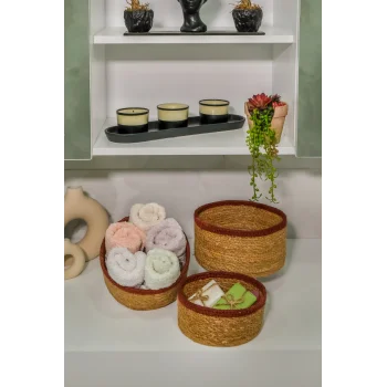 Giorgia - Dekoratif Doğal El Örmesi Hasır Yuvarlak 3’lü Sepet, Havluluk, Banyo Organizer Bordo
