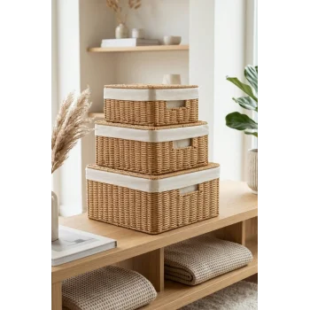 Kyle - 3 lü Rattan Kapaklı İç Korumalı Dikdörtgen Organizer Çok Amaçlı Sepet Seti