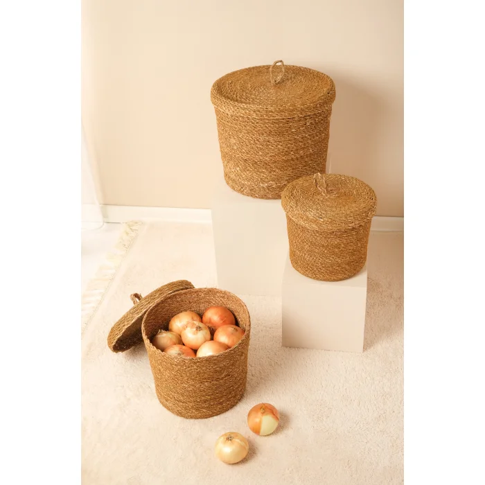 Arleen - 3lü Dekoratif El Örmesi Kapaklı Hasır Sepet Seti, Organizer, Düzenleyici, Saklama Kutusu
