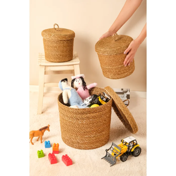 Arleen - 3lü Dekoratif El Örmesi Kapaklı Hasır Sepet Seti, Organizer, Düzenleyici, Saklama Kutusu