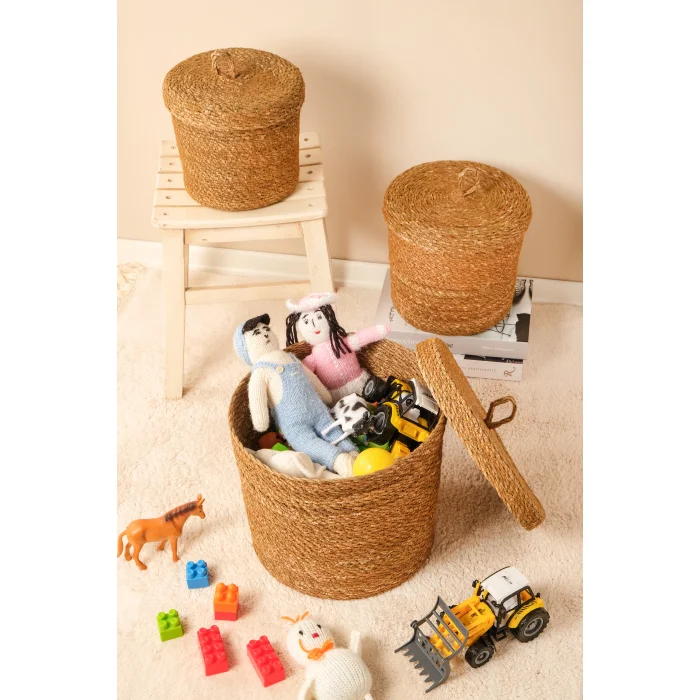 Arleen - 3lü Dekoratif El Örmesi Kapaklı Hasır Sepet Seti, Organizer, Düzenleyici, Saklama Kutusu