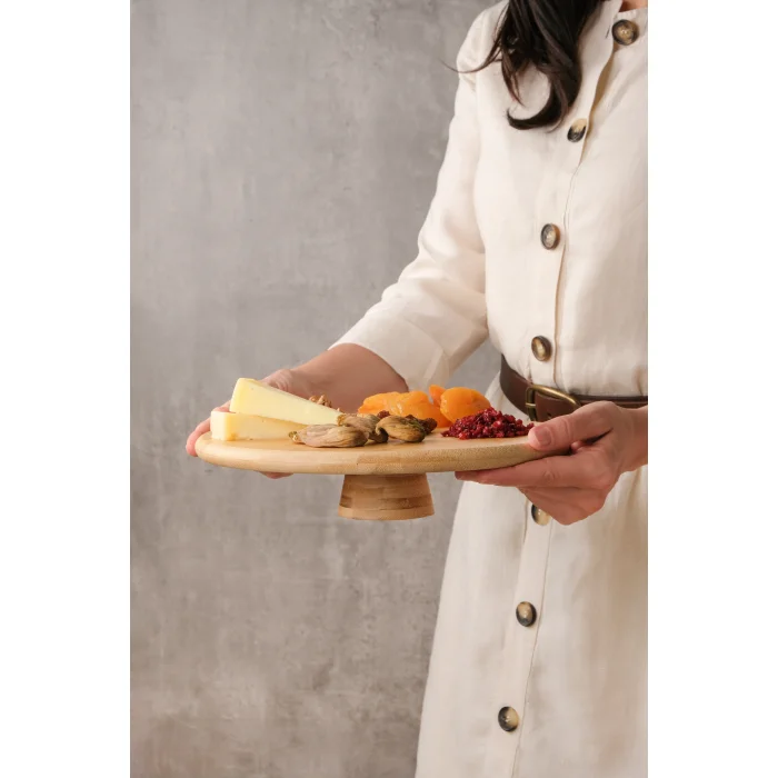 Arven - Bambu Ayaklı Servis Tabağı Meyve Kurabiye Kek Pasta Tatlı Yemek Sunum Tabağı 28 x 6 cm