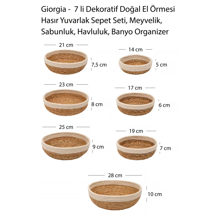 Giorgia -  7 li Dekoratif Doğal El Örmesi Hasır Yuvarlak Sepet Seti, Meyvelik, Sabunluk, Havluluk, Banyo Organizer