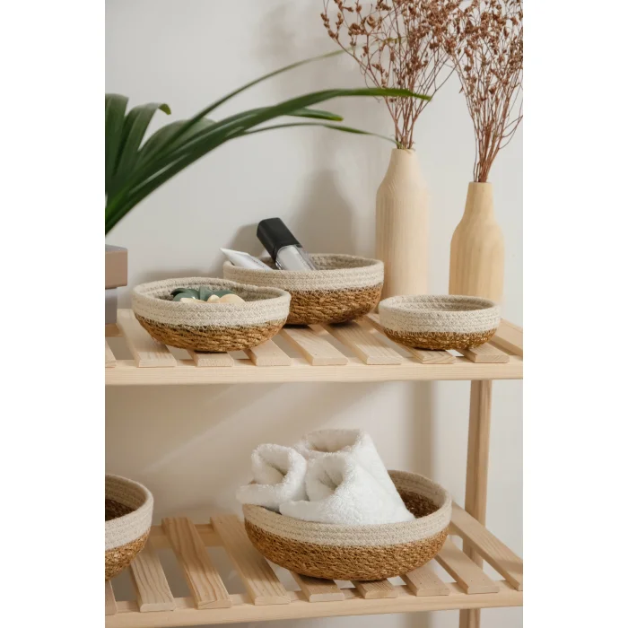 Giorgia -  7 li Dekoratif Doğal El Örmesi Hasır Yuvarlak Sepet Seti, Meyvelik, Sabunluk, Havluluk, Banyo Organizer