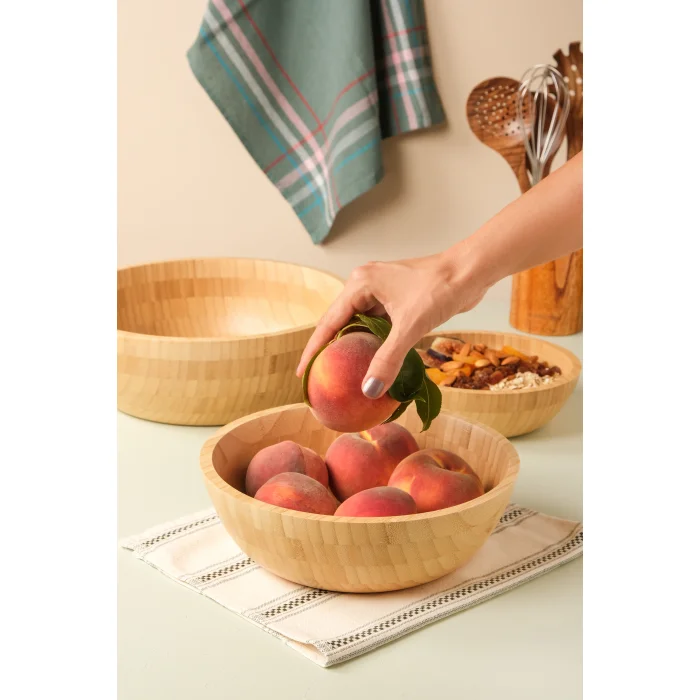 Mia - 3 lü Bambu İkeanatural Salata Kasesi, Sunum Kasesi, Dekoratif Kase, İskandinav Kase