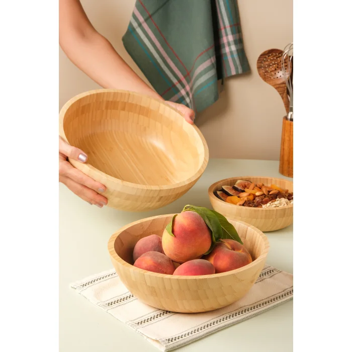 Mia - 3 lü Bambu İkeanatural Salata Kasesi, Sunum Kasesi, Dekoratif Kase, İskandinav Kase