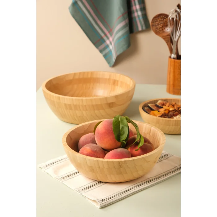 Mia - 3 lü Bambu İkeanatural Salata Kasesi, Sunum Kasesi, Dekoratif Kase, İskandinav Kase