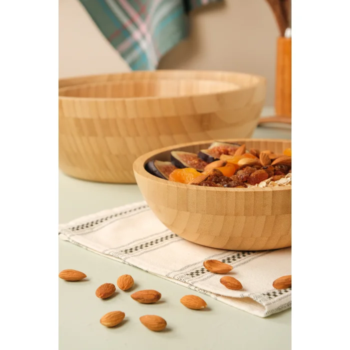 Mia - 3 lü Bambu İkeanatural Salata Kasesi, Sunum Kasesi, Dekoratif Kase, İskandinav Kase