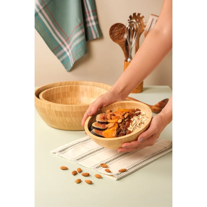 Mia - 3 lü Bambu İkeanatural Salata Kasesi, Sunum Kasesi, Dekoratif Kase, İskandinav Kase