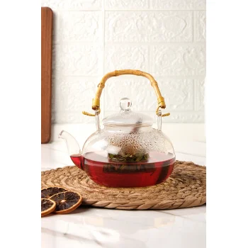 Colletta - Bambu Saplı Cam Süzgeçli Cam Bitki Çayı Demliği 1000 Ml