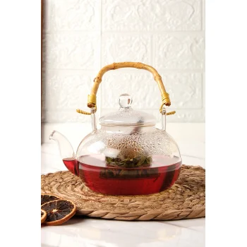 Colletta - Bambu Saplı Cam Süzgeçli Cam Bitki Çayı Demliği 1200 Ml