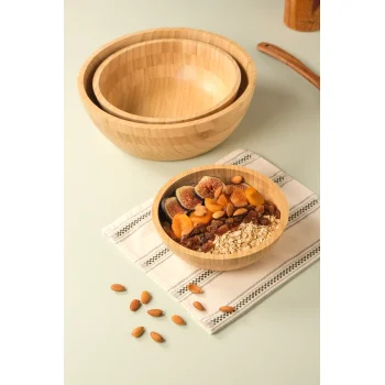 Mia - 3 lü Bambu İkeanatural Salata Kasesi, Sunum Kasesi, Dekoratif Kase, İskandinav Kase