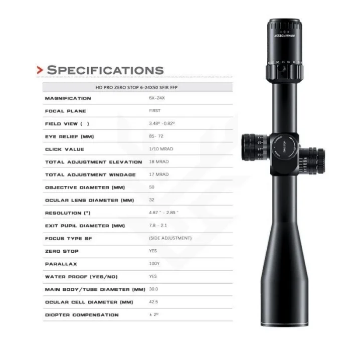 Swampdeer HD PRO Zero Stop 6-24X50 SFIR FFP-A Tüfek Dürbünü