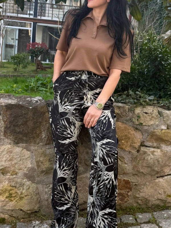Siyah Desenli Kalın Saten Pantalon