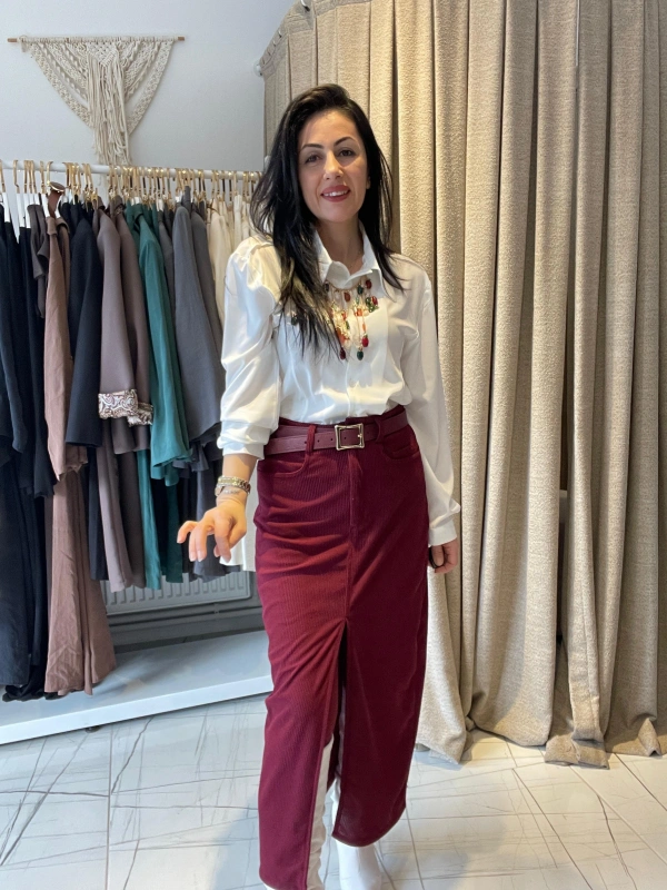 Bordo Fitilli Yırtmaçlı Etek