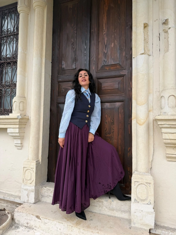 Kabarık Parçalı Uzun Etek Mürdüm