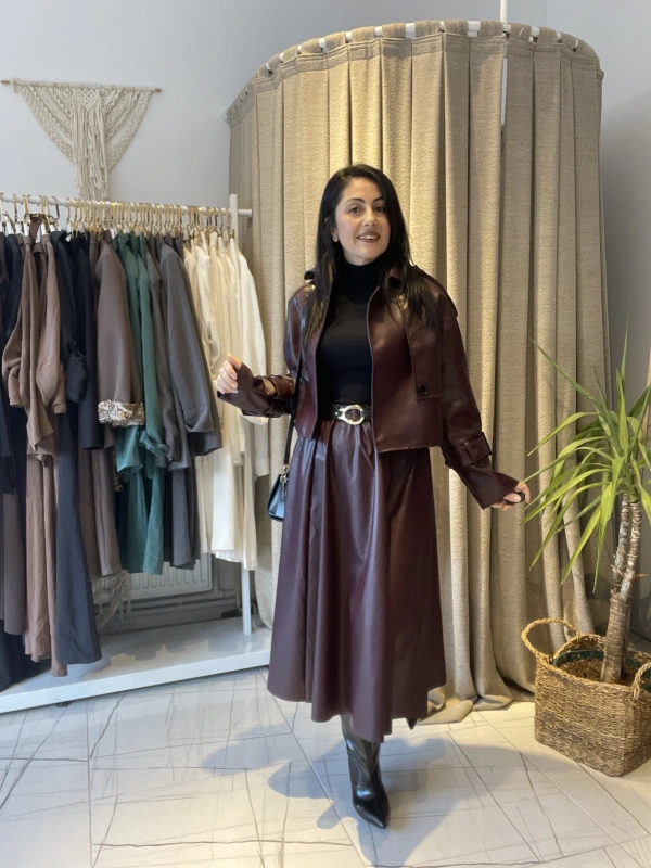 Kemerli Midi Deri Etek Bordo