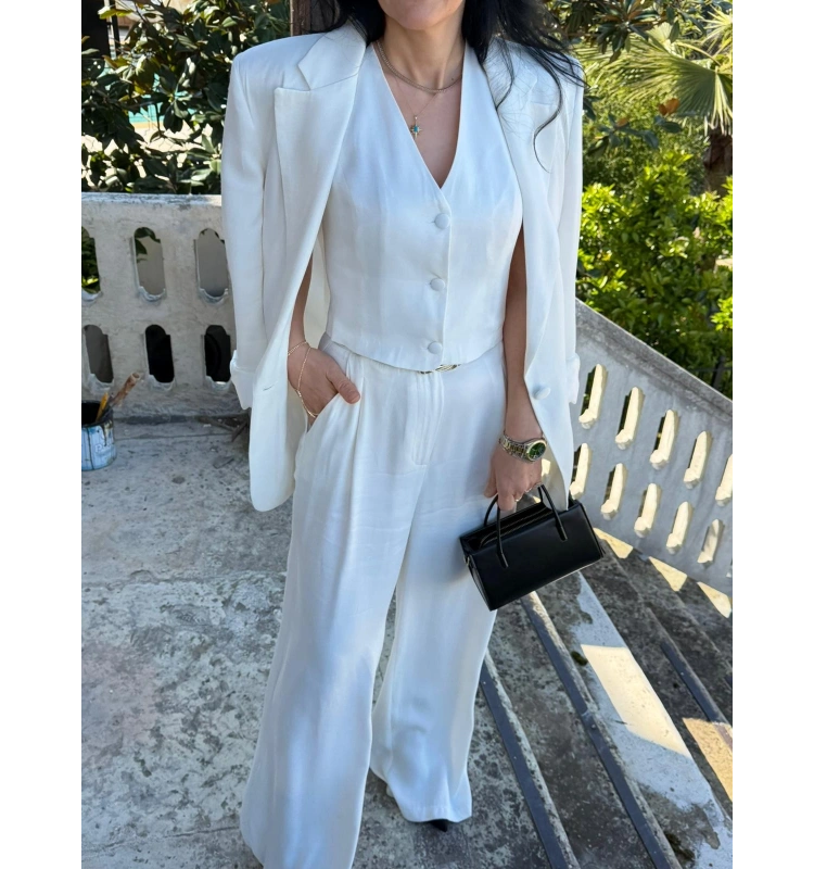 Beyaz Basic Ceket Pantalon Takım