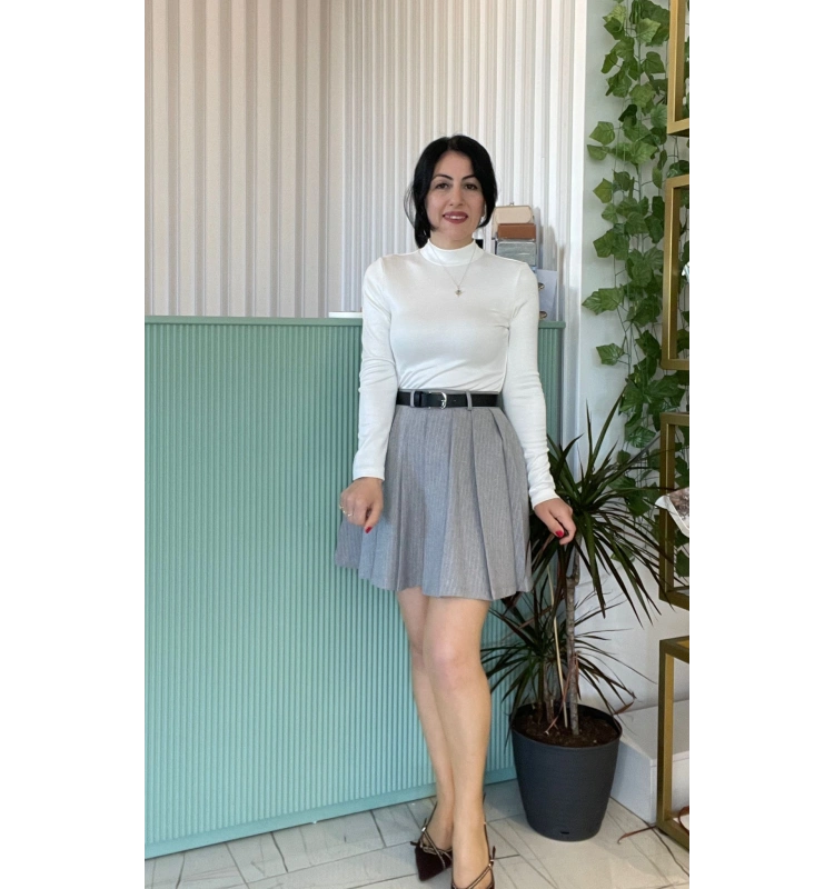 Pileli Elbise Beyaz+Gri