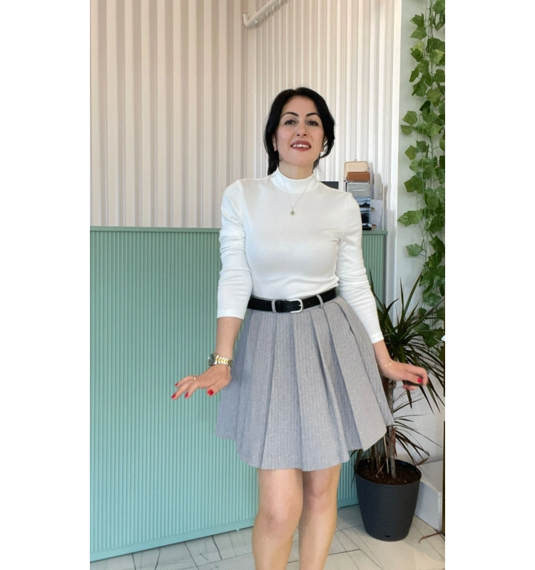 Pileli Elbise Beyaz+Gri