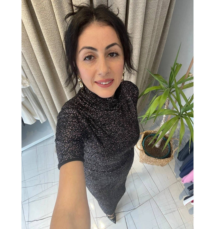 Payetli Etek Buluz Takım Siyah Roz
