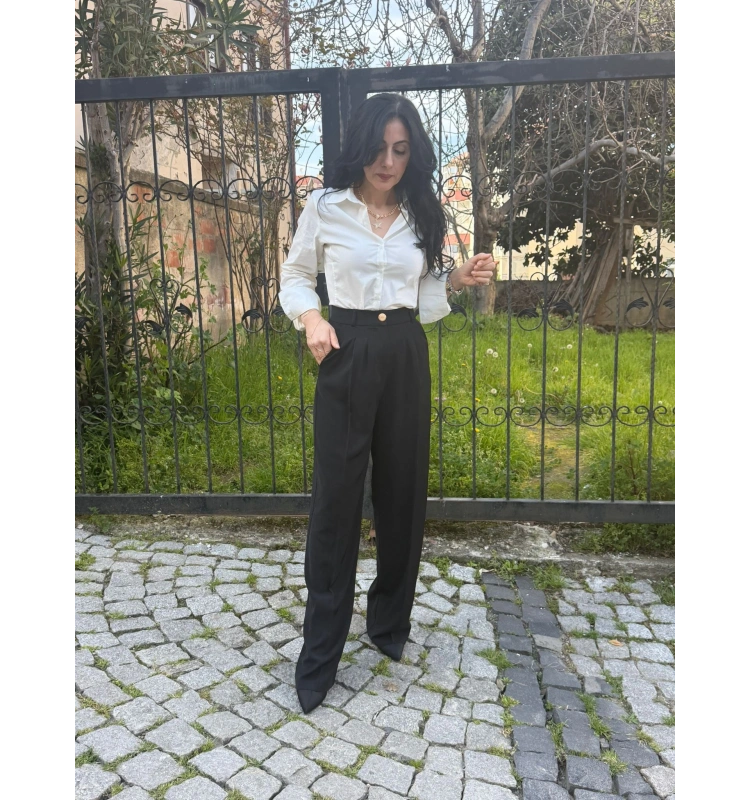 Düğme Detaylı Pileli Palazzo Pantolon Siyah