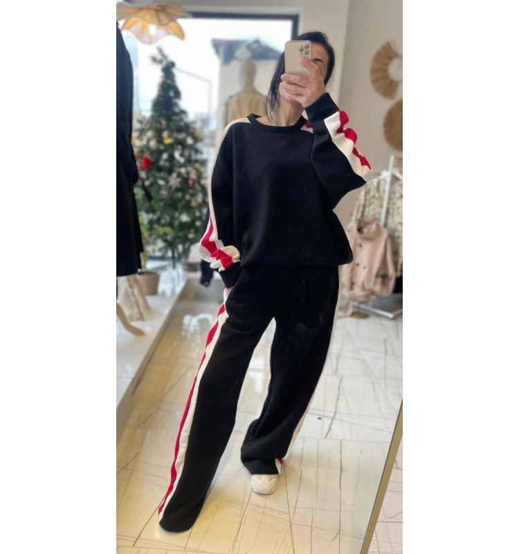 Siyah-Kırmızı Seritli Oversize Eşoftman Takım