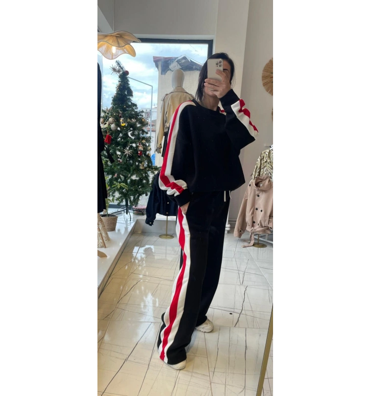 Siyah-Kırmızı Seritli Oversize Eşoftman Takım