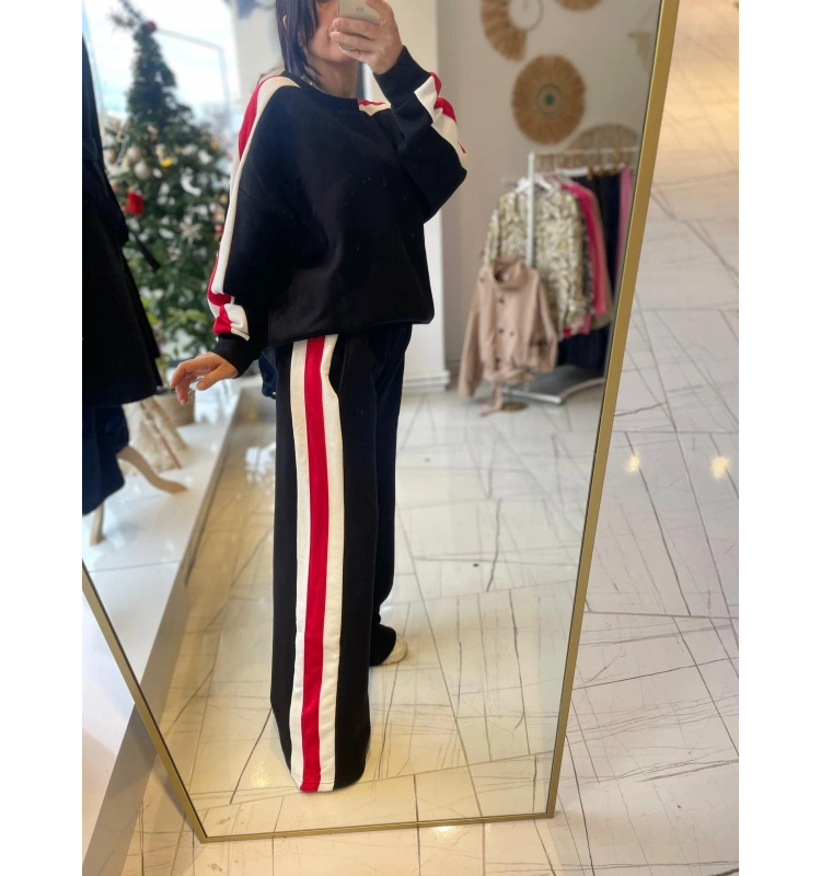 Siyah-Kırmızı Seritli Oversize Eşoftman Takım