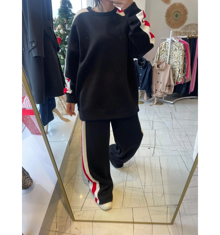 Siyah-Kırmızı Seritli Oversize Eşoftman Takım