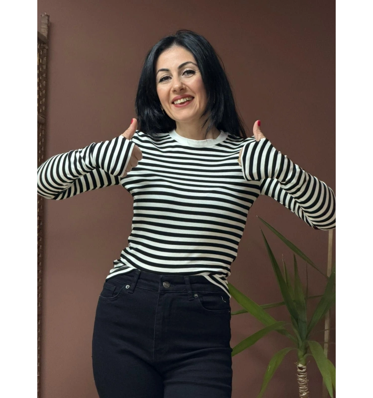 Siyah Beyaz Çizgili Uzun Kollu Budy