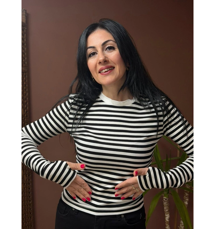 Siyah Beyaz Çizgili Uzun Kollu Budy