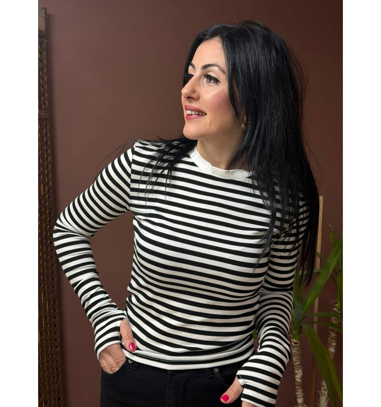 Siyah Beyaz Çizgili Uzun Kollu Budy